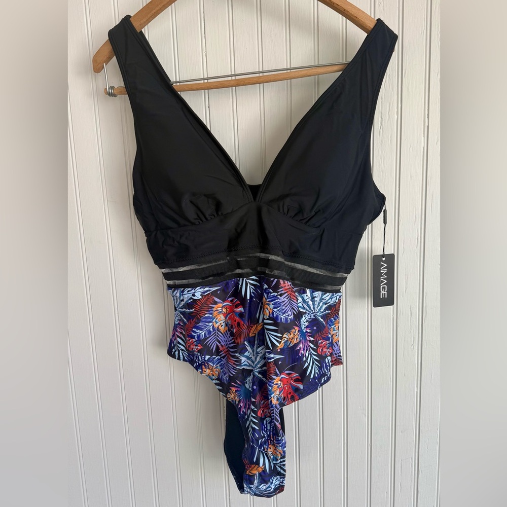 Black and Blue Tropical Women's One Piece Swimsuit Size L
